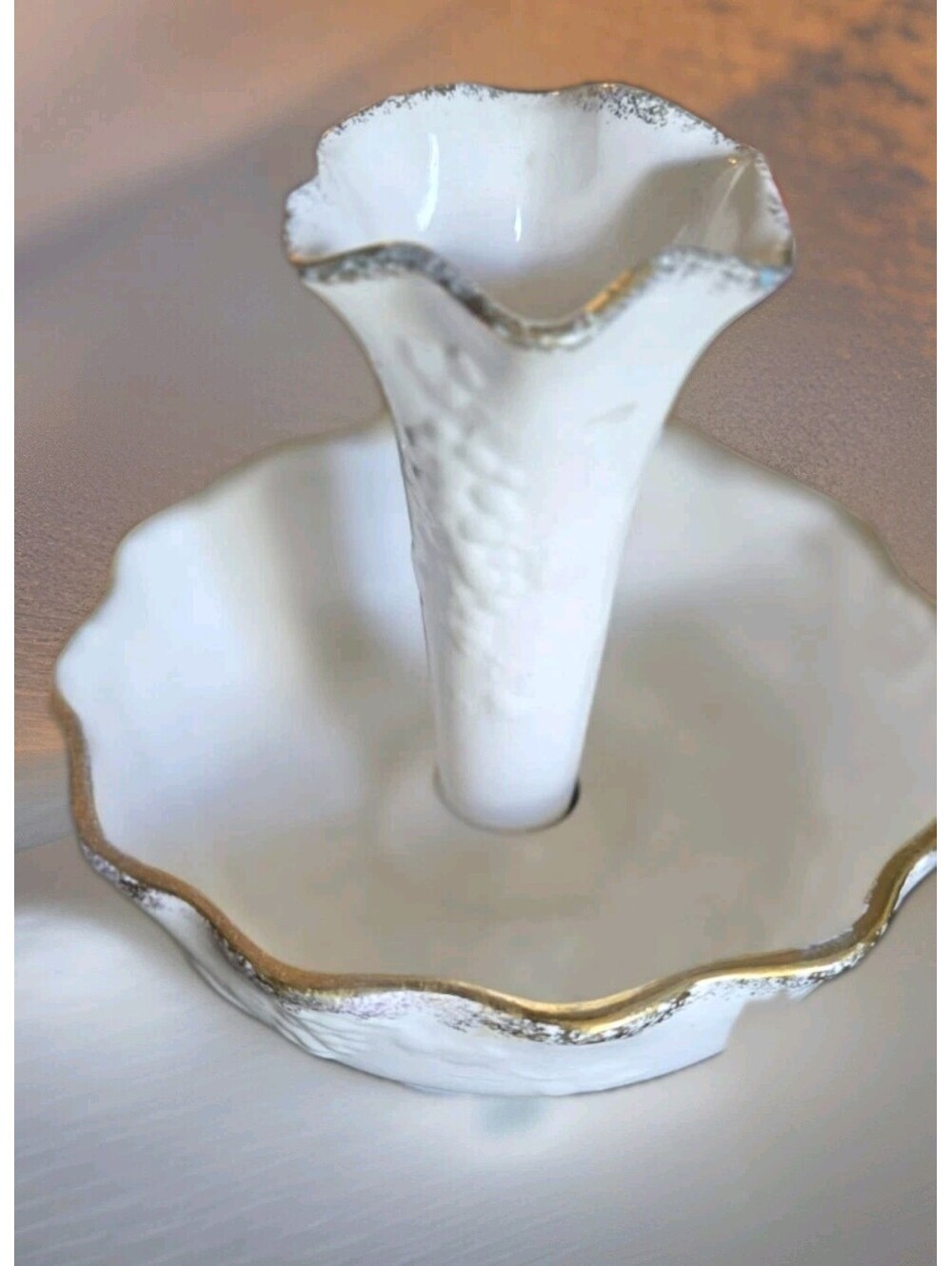 Vintage Single Horn White Ceramic Bud Vase Two Tier Gold Trim Tiny Chip On Rim